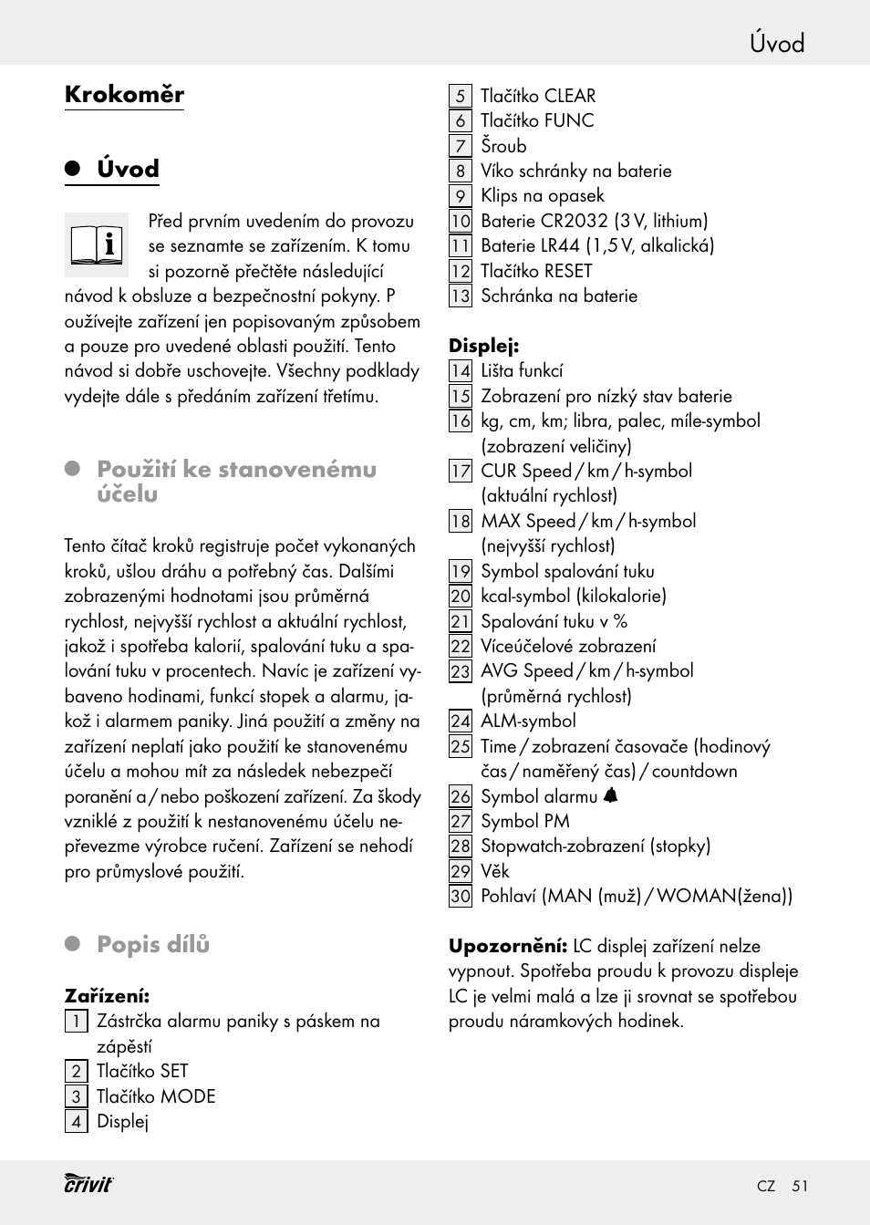 Úvod, Krokoměr, Použití ke stanovenému účelu | Popis dílů | Crivit H14347 User Manual | Page 51 / 83