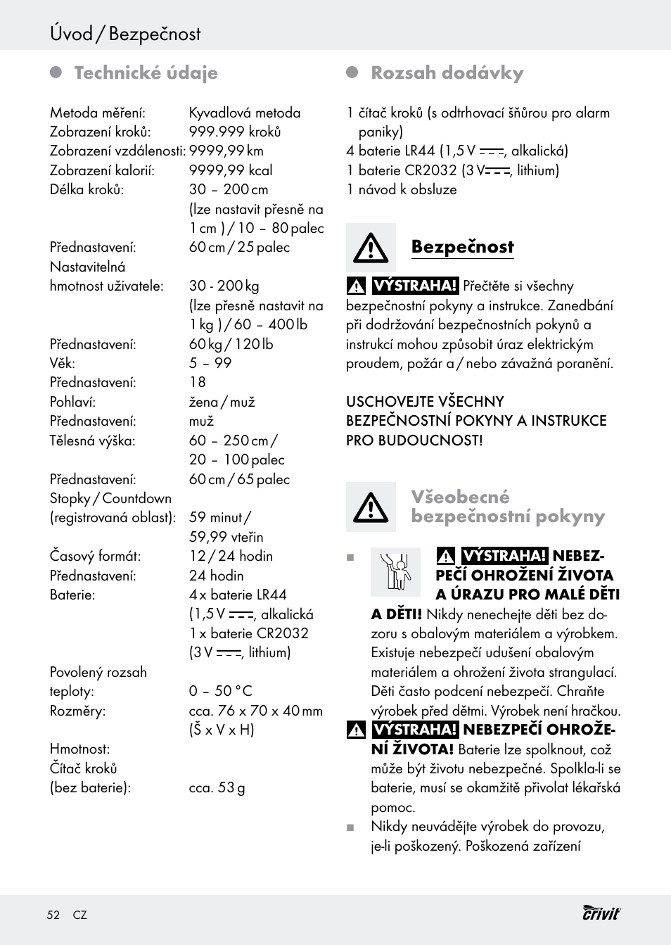 Úvod / bezpečnost, Technické údaje, Rozsah dodávky | Bezpečnost, Všeobecné bezpečnostní pokyny | Crivit H14347 User Manual | Page 52 / 83