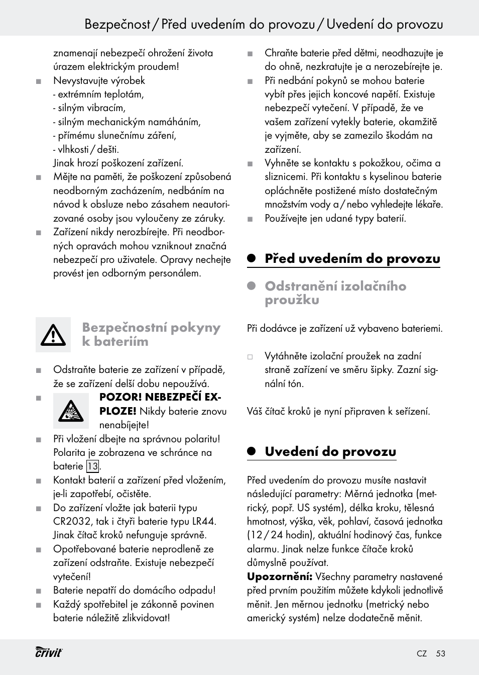 Bezpečnostní pokyny k bateriím, Před uvedením do provozu, Odstranění izolačního proužku | Uvedení do provozu | Crivit H14347 User Manual | Page 53 / 83
