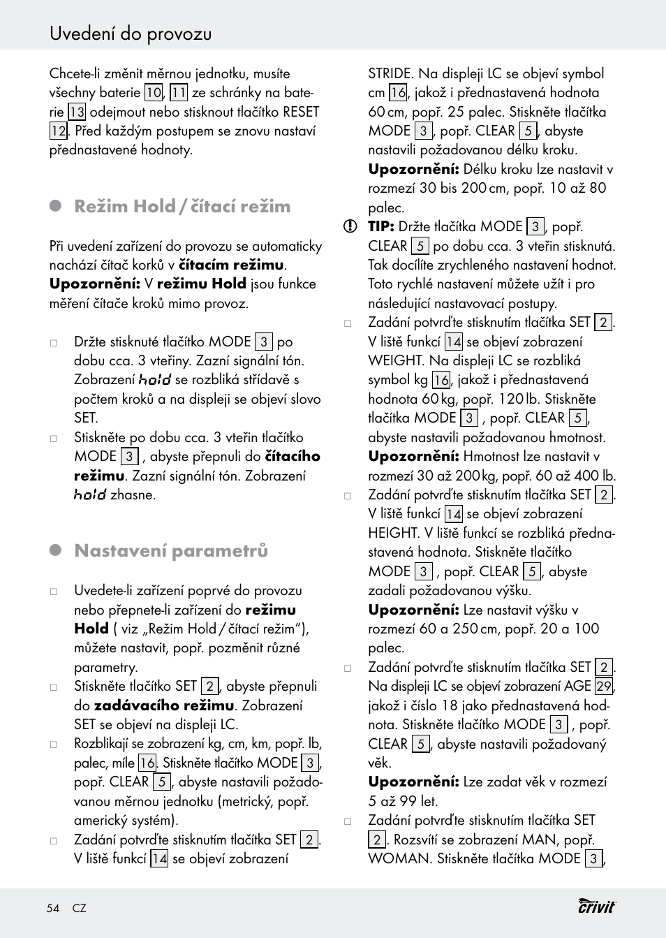 Uvedení do provozu, Režim hold / čítací režim, Nastavení parametrů | Crivit H14347 User Manual | Page 54 / 83