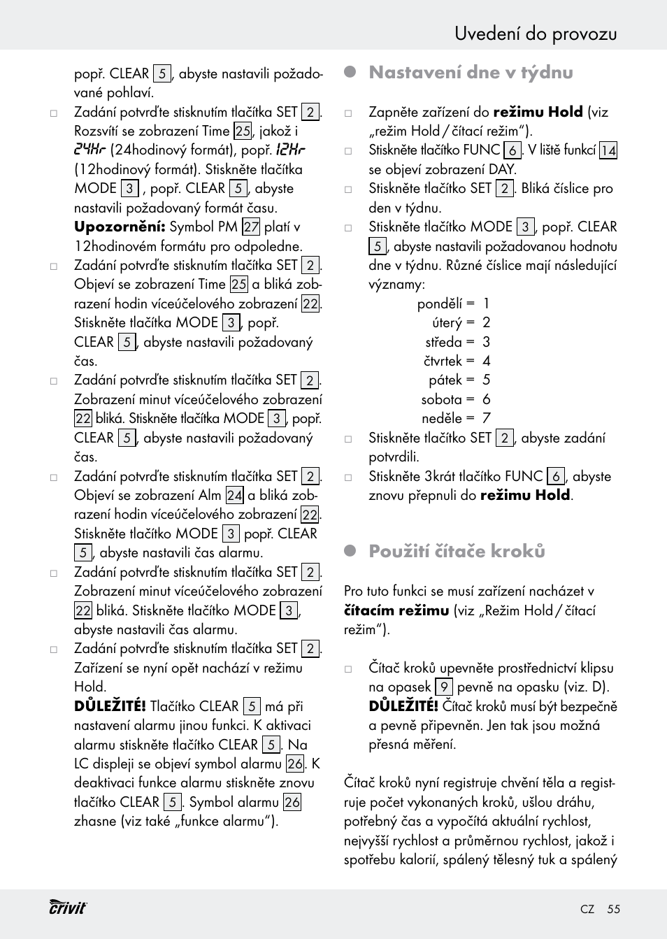 Uvedení do provozu, Nastavení dne v týdnu, Použití čítače kroků | Crivit H14347 User Manual | Page 55 / 83
