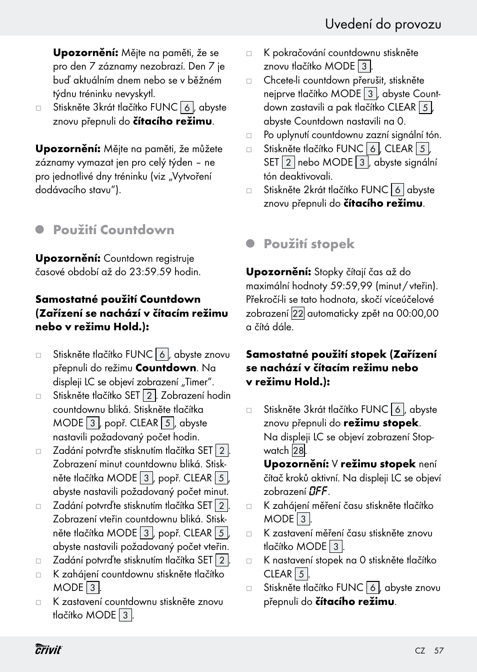 Uvedení do provozu, Použití countdown, Použití stopek | Crivit H14347 User Manual | Page 57 / 83