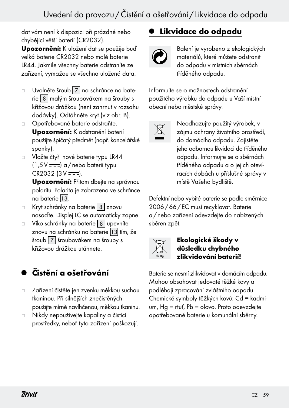 Čistění a ošetřování, Likvidace do odpadu | Crivit H14347 User Manual | Page 59 / 83