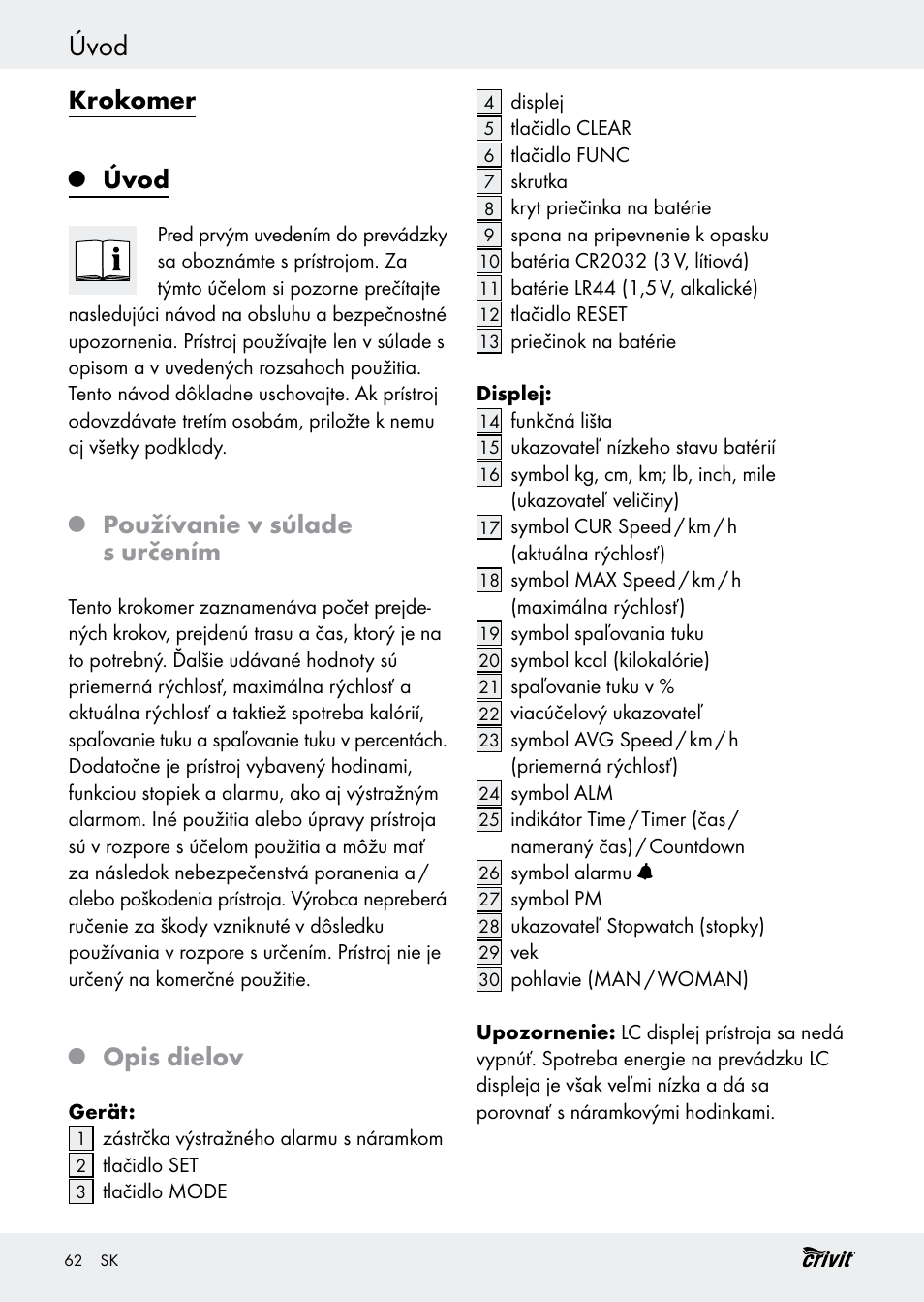 Úvod, Krokomer, Používanie v súlade s určením | Opis dielov | Crivit H14347 User Manual | Page 62 / 83