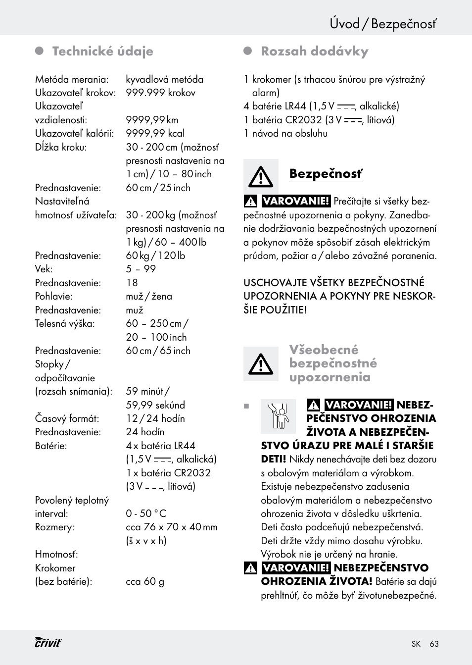Úvod / bezpečnosť, Technické údaje, Rozsah dodávky | Bezpečnosť, Všeobecné bezpečnostné upozornenia | Crivit H14347 User Manual | Page 63 / 83