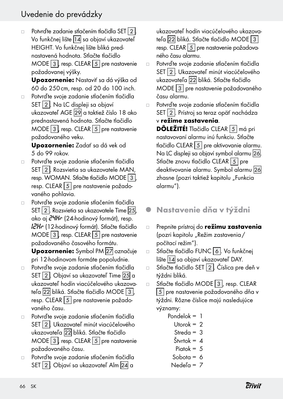 Uvedenie do prevádzky, Nastavenie dňa v týždni | Crivit H14347 User Manual | Page 66 / 83