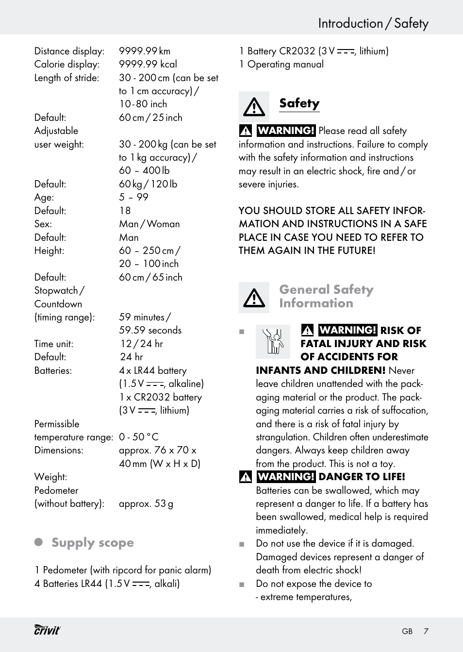 Introduction / safety, Supply scope, Safety | General safety information | Crivit H14347 User Manual | Page 7 / 83