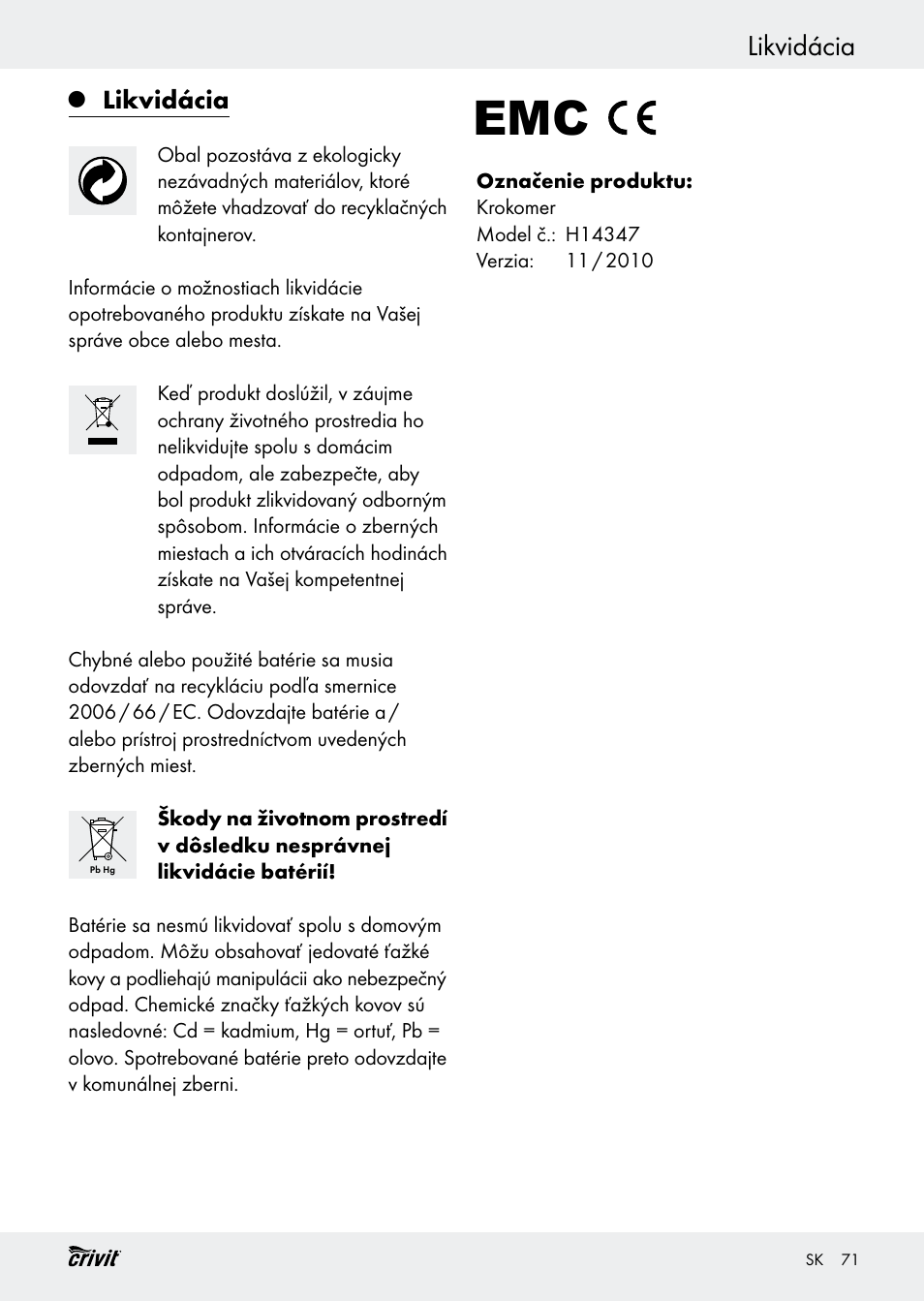 Likvidácia | Crivit H14347 User Manual | Page 71 / 83