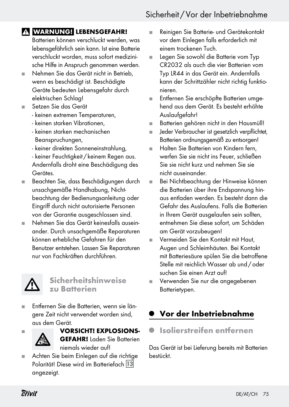 Sicherheit / vor der inbetriebnahme, Sicherheitshinweise zu batterien, Vor der inbetriebnahme | Isolierstreifen entfernen | Crivit H14347 User Manual | Page 75 / 83