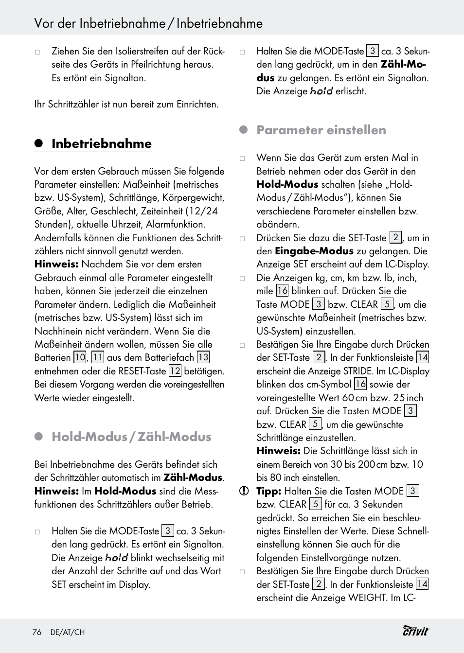 Vor der inbetriebnahme / inbetriebnahme, Inbetriebnahme, Hold-modus / zähl-modus | Parameter einstellen | Crivit H14347 User Manual | Page 76 / 83