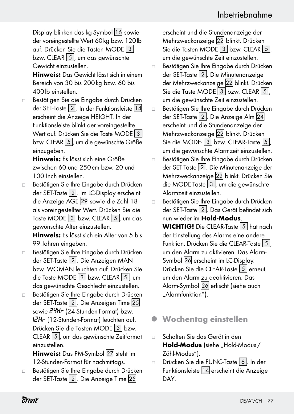 Inbetriebnahme, Wochentag einstellen | Crivit H14347 User Manual | Page 77 / 83