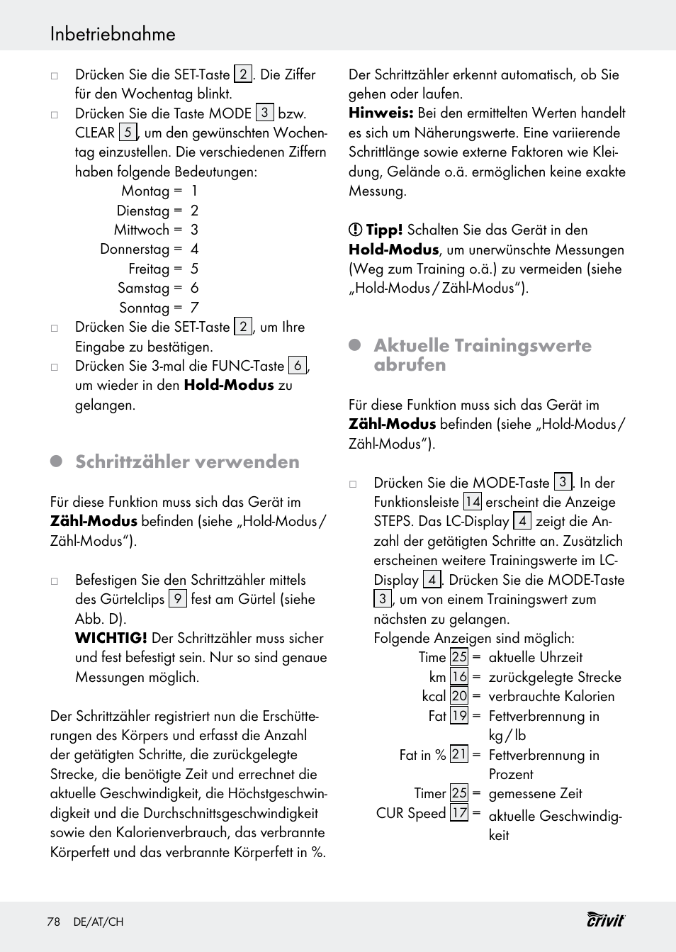 Inbetriebnahme, Schrittzähler verwenden, Aktuelle trainingswerte abrufen | Crivit H14347 User Manual | Page 78 / 83