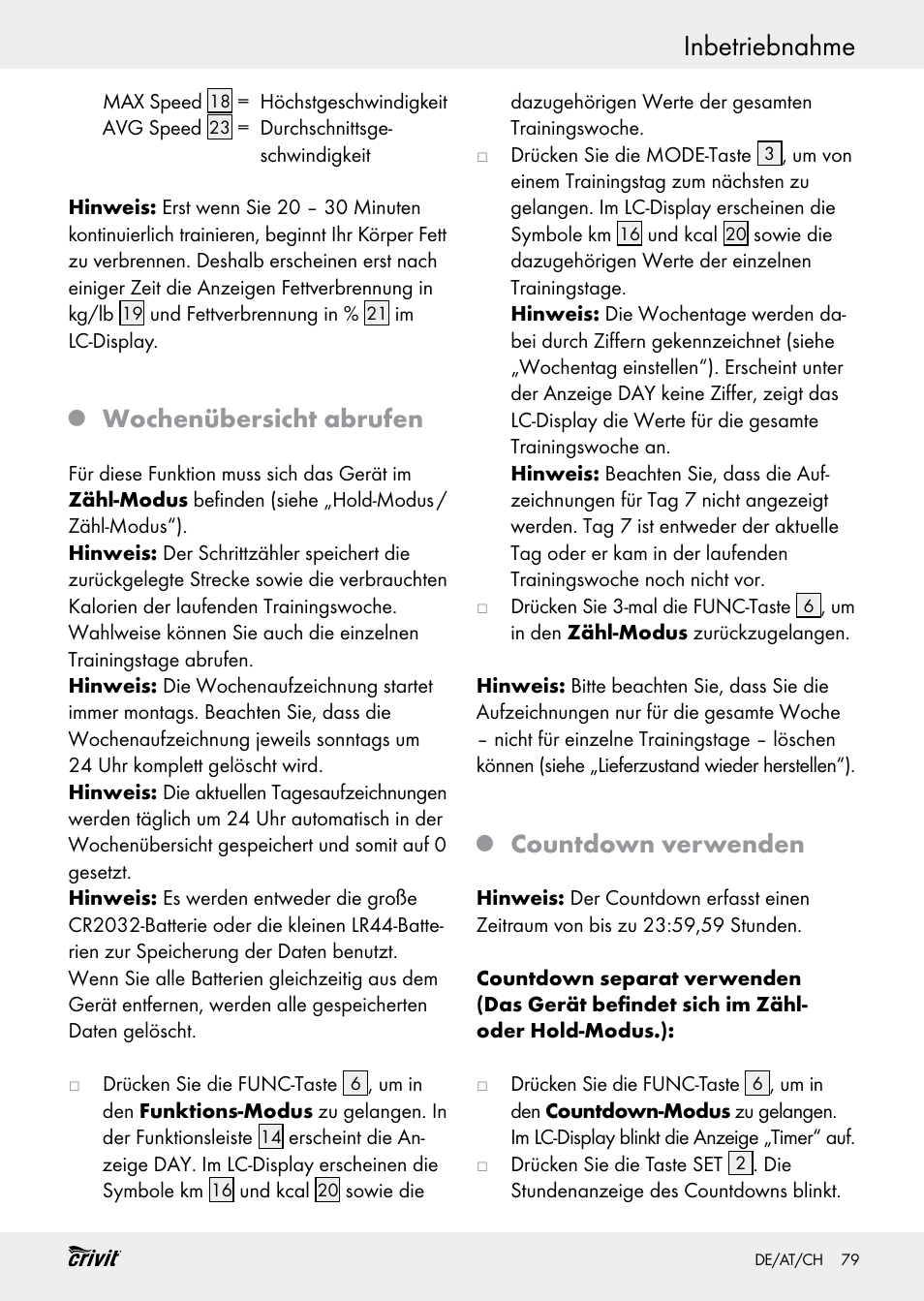 Inbetriebnahme, Wochenübersicht abrufen, Countdown verwenden | Crivit H14347 User Manual | Page 79 / 83