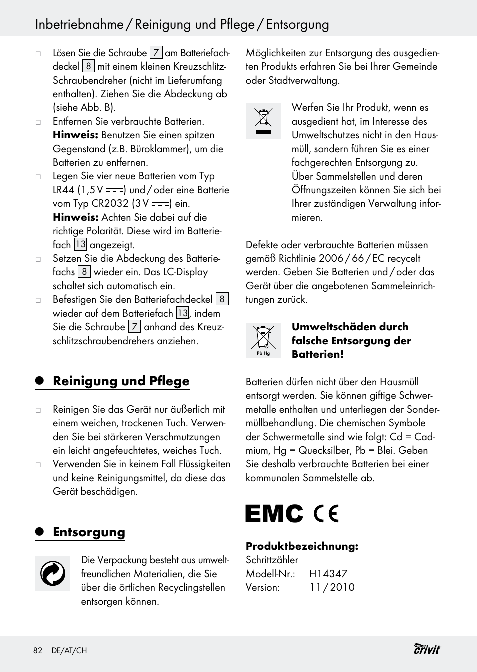 Inbetriebnahme / reinigung und pflege / entsorgung, Reinigung und pflege, Entsorgung | Crivit H14347 User Manual | Page 82 / 83