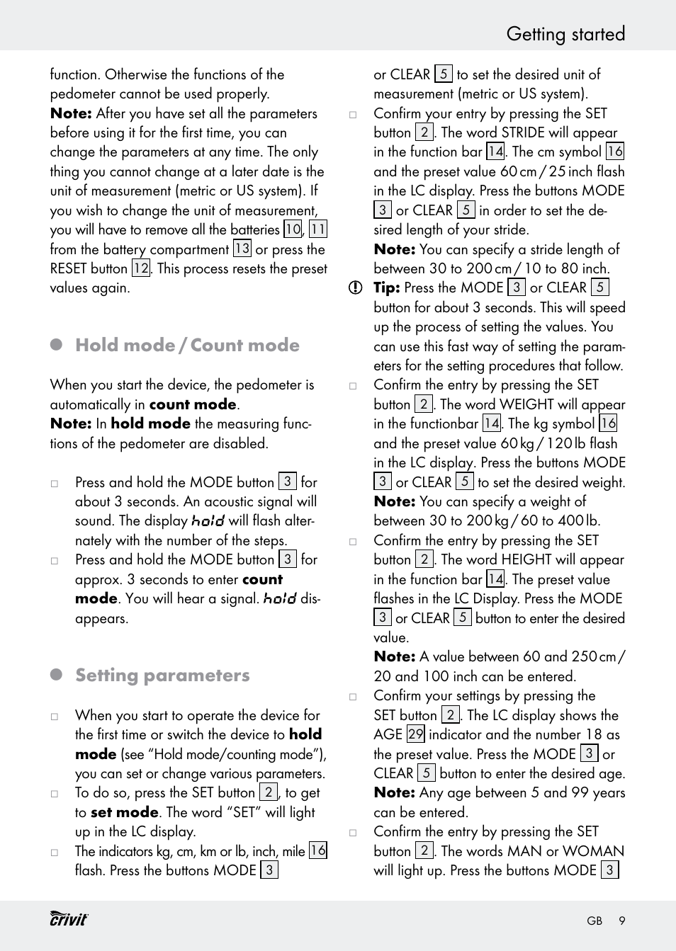 Getting started, Hold mode / count mode, Setting parameters | Crivit H14347 User Manual | Page 9 / 83