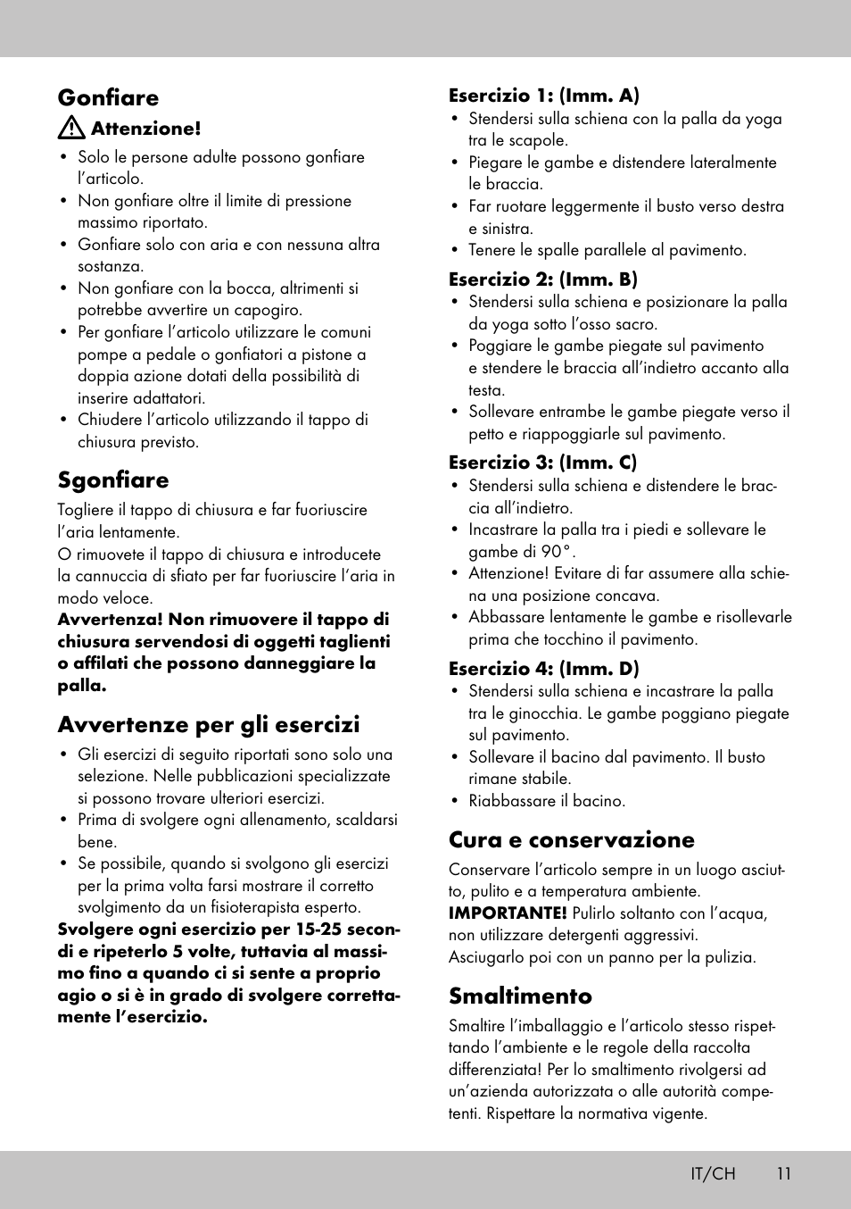 Gonfiare, Sgonfiare, Avvertenze per gli esercizi | Cura e conservazione, Smaltimento | Crivit Yoga Block User Manual | Page 11 / 16