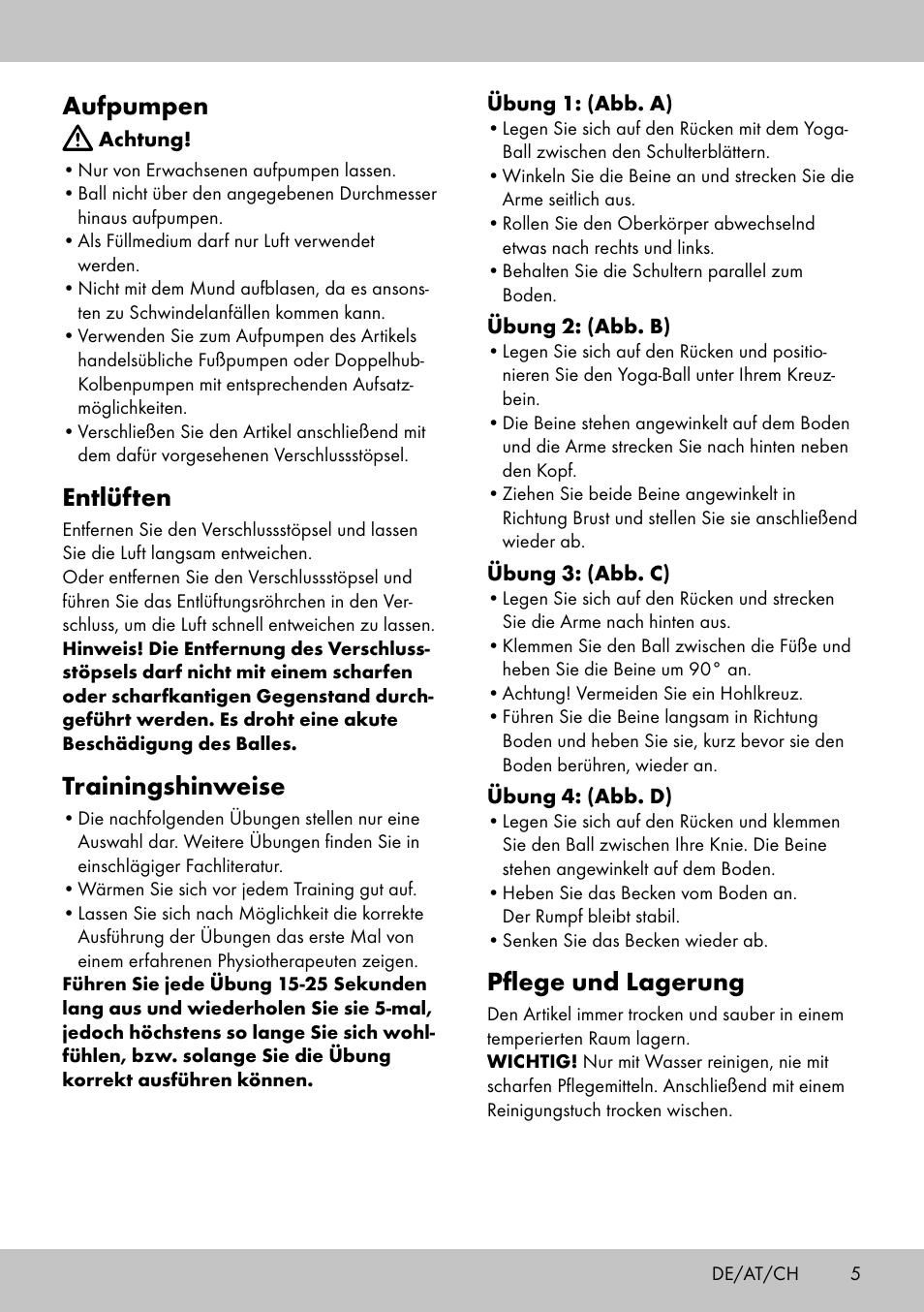 Aufpumpen, Entlüften, Trainingshinweise | Pflege und lagerung | Crivit Yoga Block User Manual | Page 5 / 16