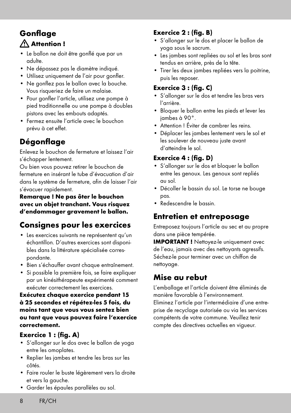 Gonflage, Dégonflage, Consignes pour les exercices | Entretien et entreposage, Mise au rebut | Crivit Yoga Block User Manual | Page 8 / 16