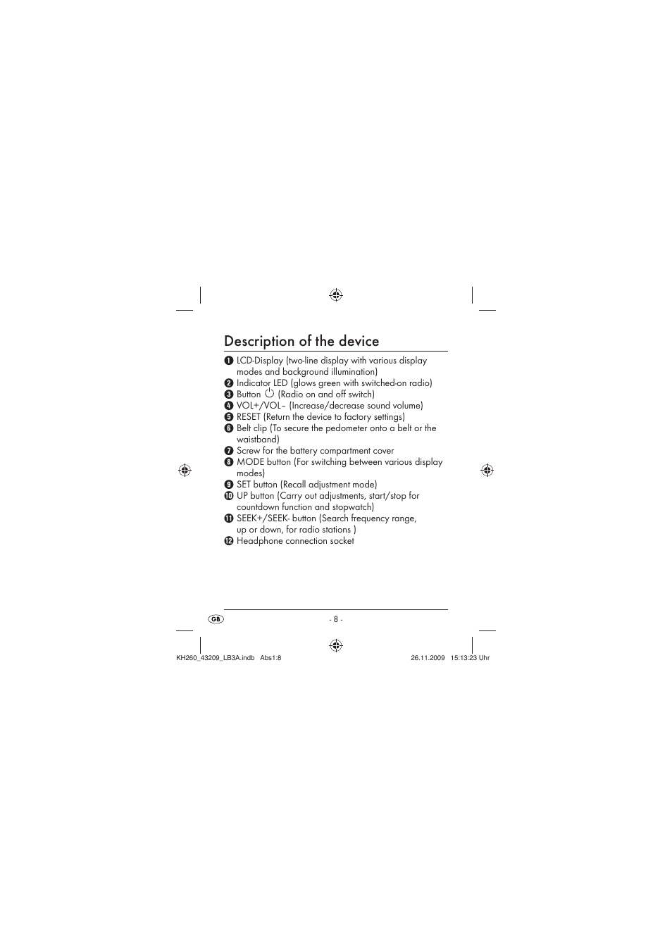 Description of the device | Crivit KH260-10/09-V2 User Manual | Page 10 / 80