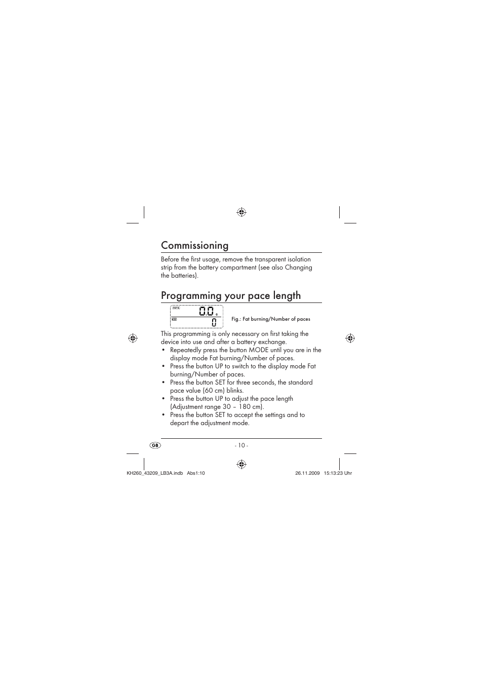 Commissioning, Programming your pace length | Crivit KH260-10/09-V2 User Manual | Page 12 / 80