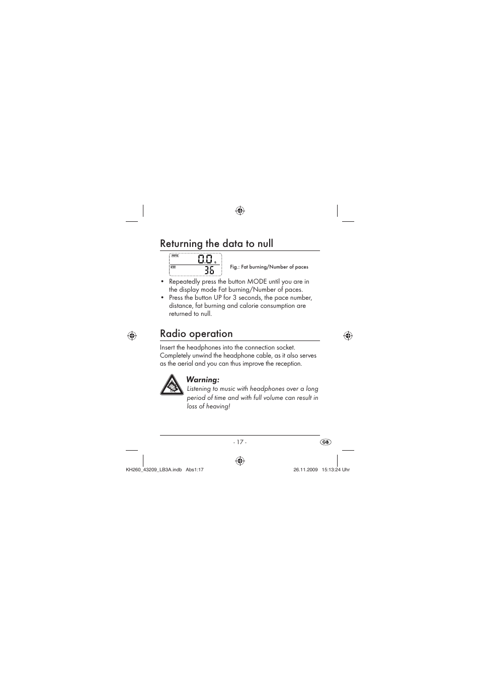 Returning the data to null, Radio operation, Warning | Crivit KH260-10/09-V2 User Manual | Page 19 / 80