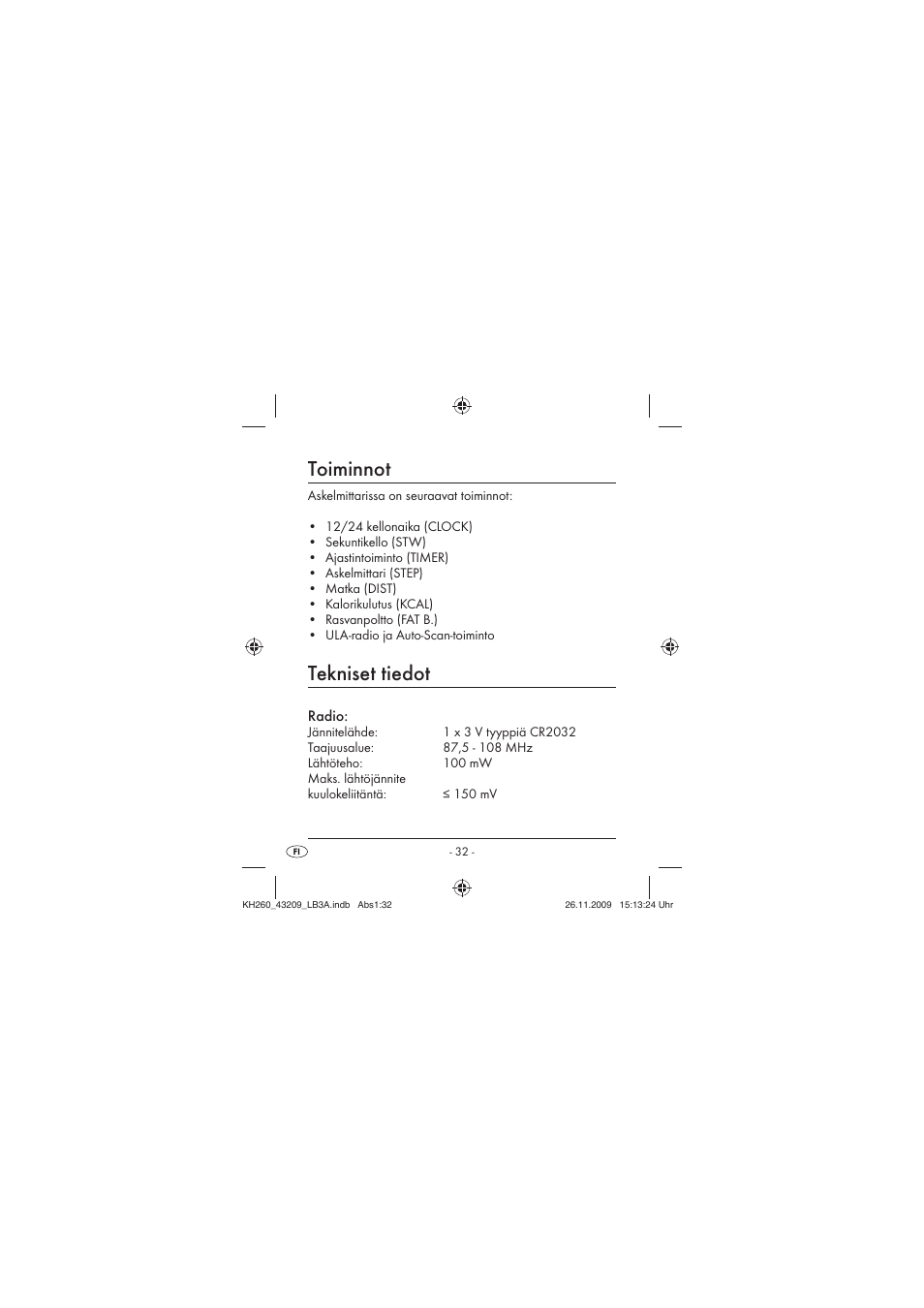 Toiminnot, Tekniset tiedot | Crivit KH260-10/09-V2 User Manual | Page 34 / 80