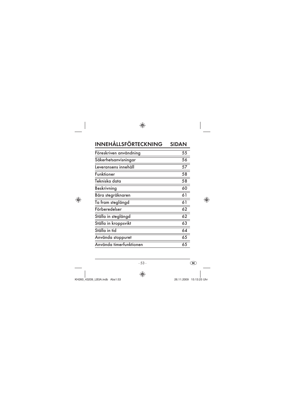Innehållsförteckning sidan | Crivit KH260-10/09-V2 User Manual | Page 55 / 80