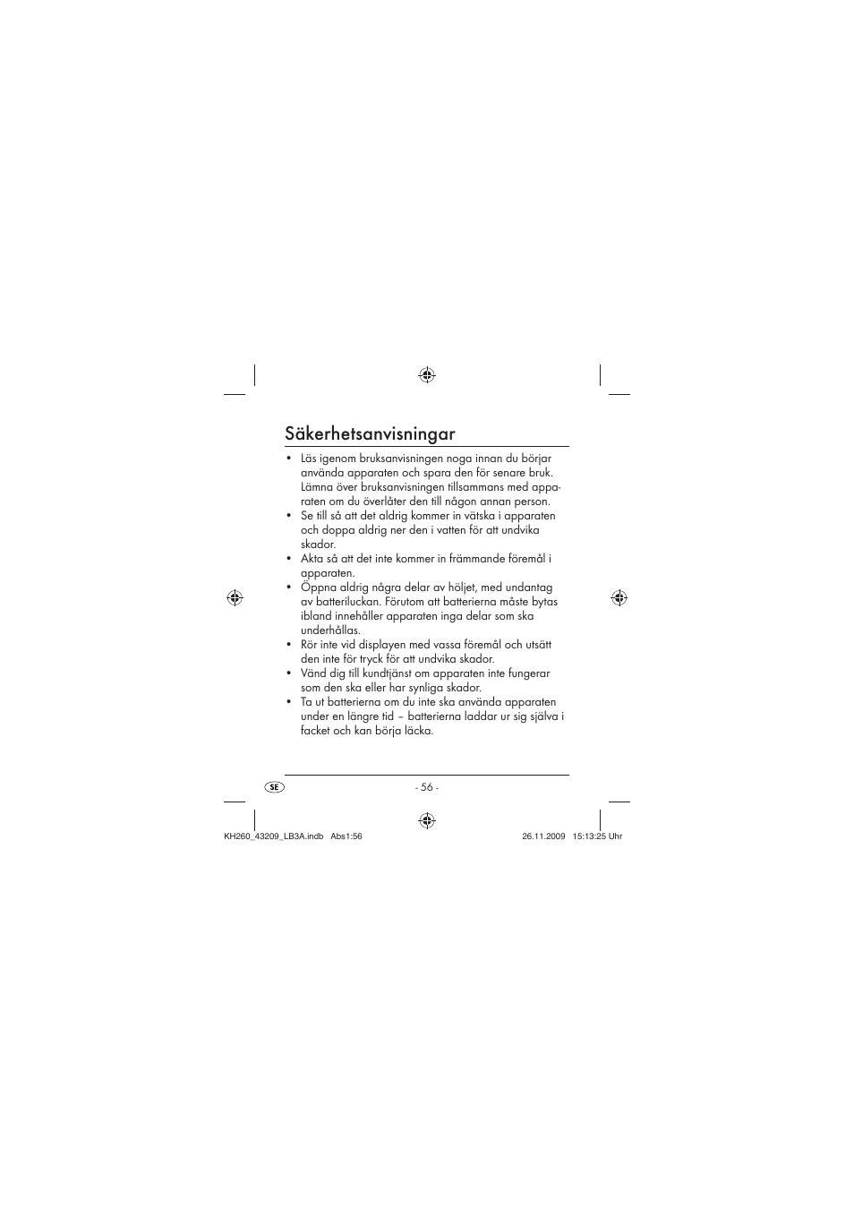 Säkerhetsanvisningar | Crivit KH260-10/09-V2 User Manual | Page 58 / 80