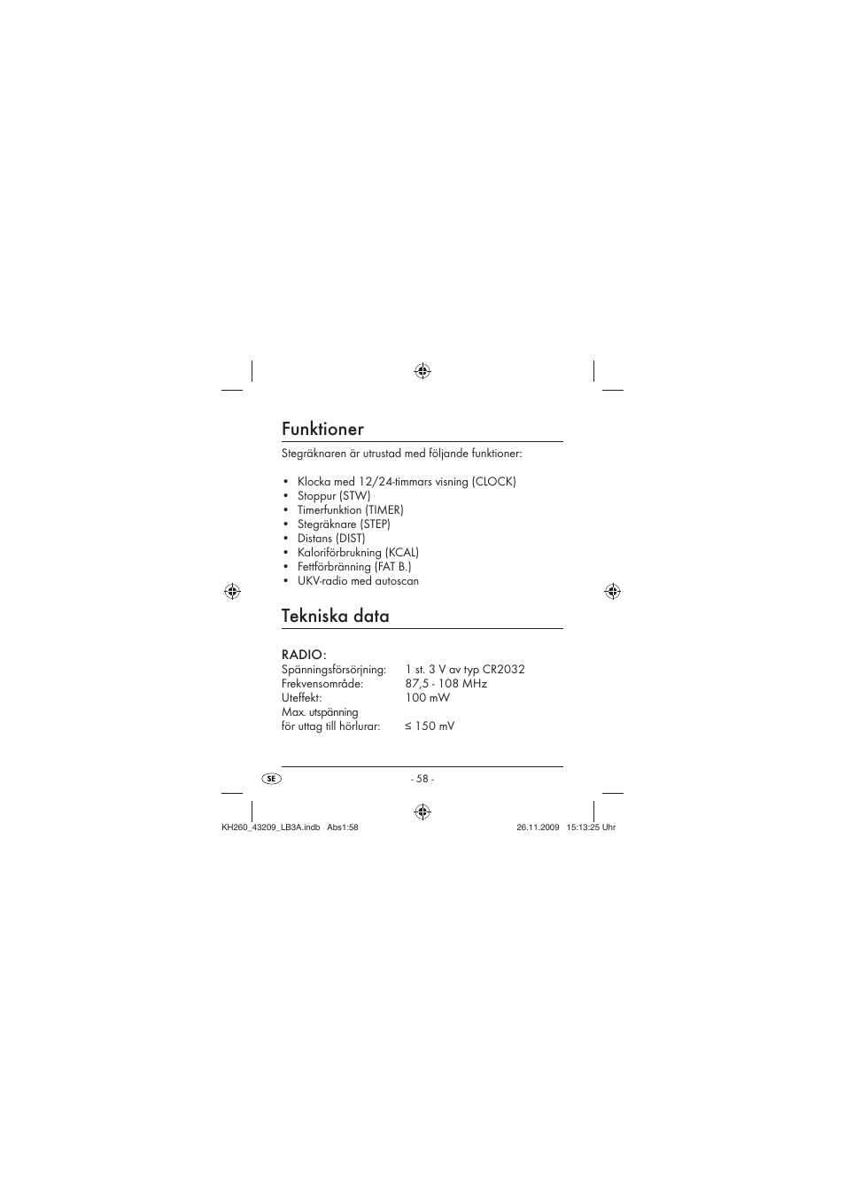 Funktioner, Tekniska data | Crivit KH260-10/09-V2 User Manual | Page 60 / 80