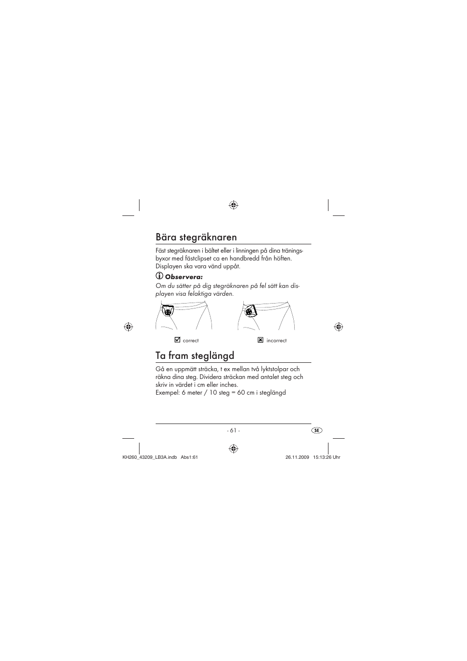Bära stegräknaren, Ta fram steglängd | Crivit KH260-10/09-V2 User Manual | Page 63 / 80