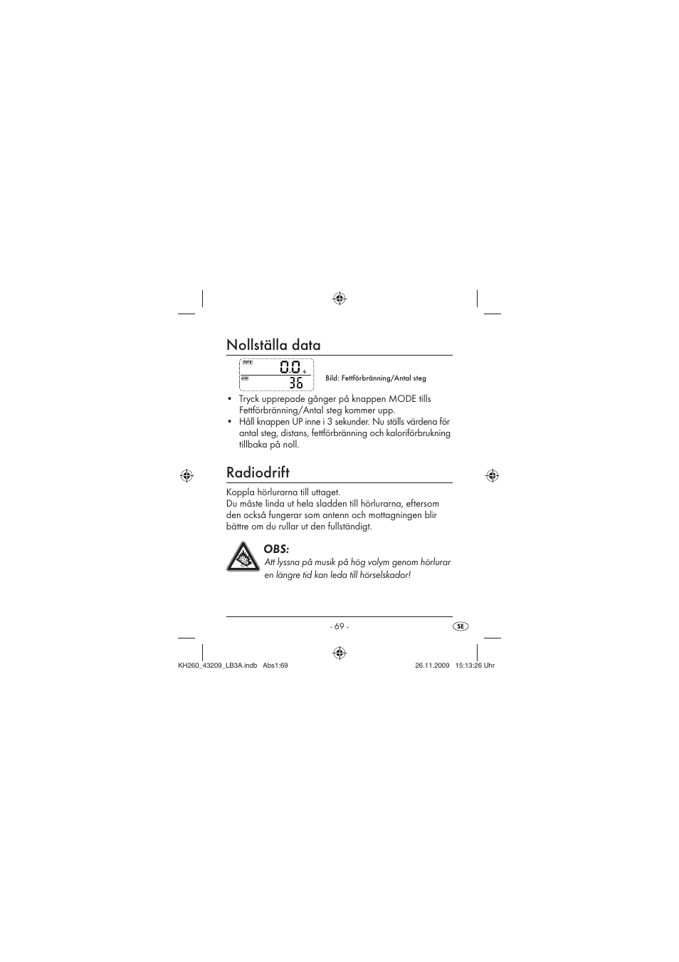 Nollställa data, Radiodrift | Crivit KH260-10/09-V2 User Manual | Page 71 / 80