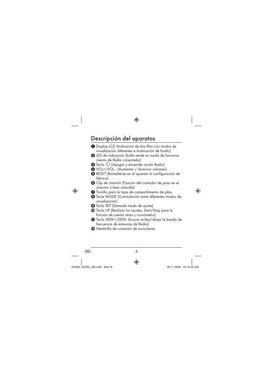 Descripción del aparatos | Crivit KH260-10/09-V2 User Manual | Page 10 / 80