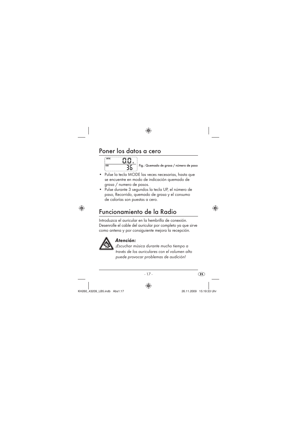Poner los datos a cero, Funcionamiento de la radio, Atención | Crivit KH260-10/09-V2 User Manual | Page 19 / 80