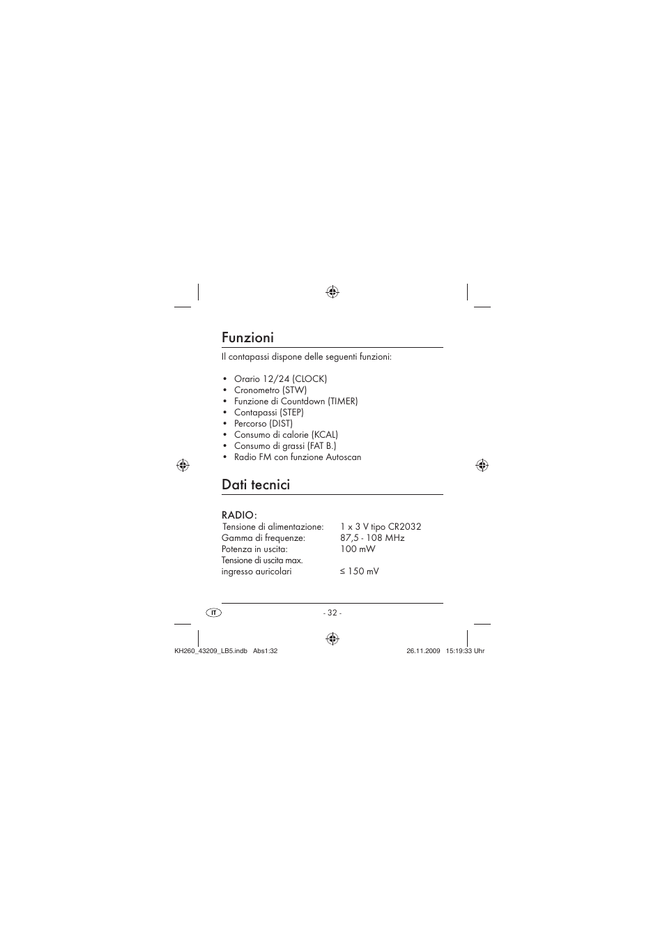 Funzioni, Dati tecnici | Crivit KH260-10/09-V2 User Manual | Page 34 / 80