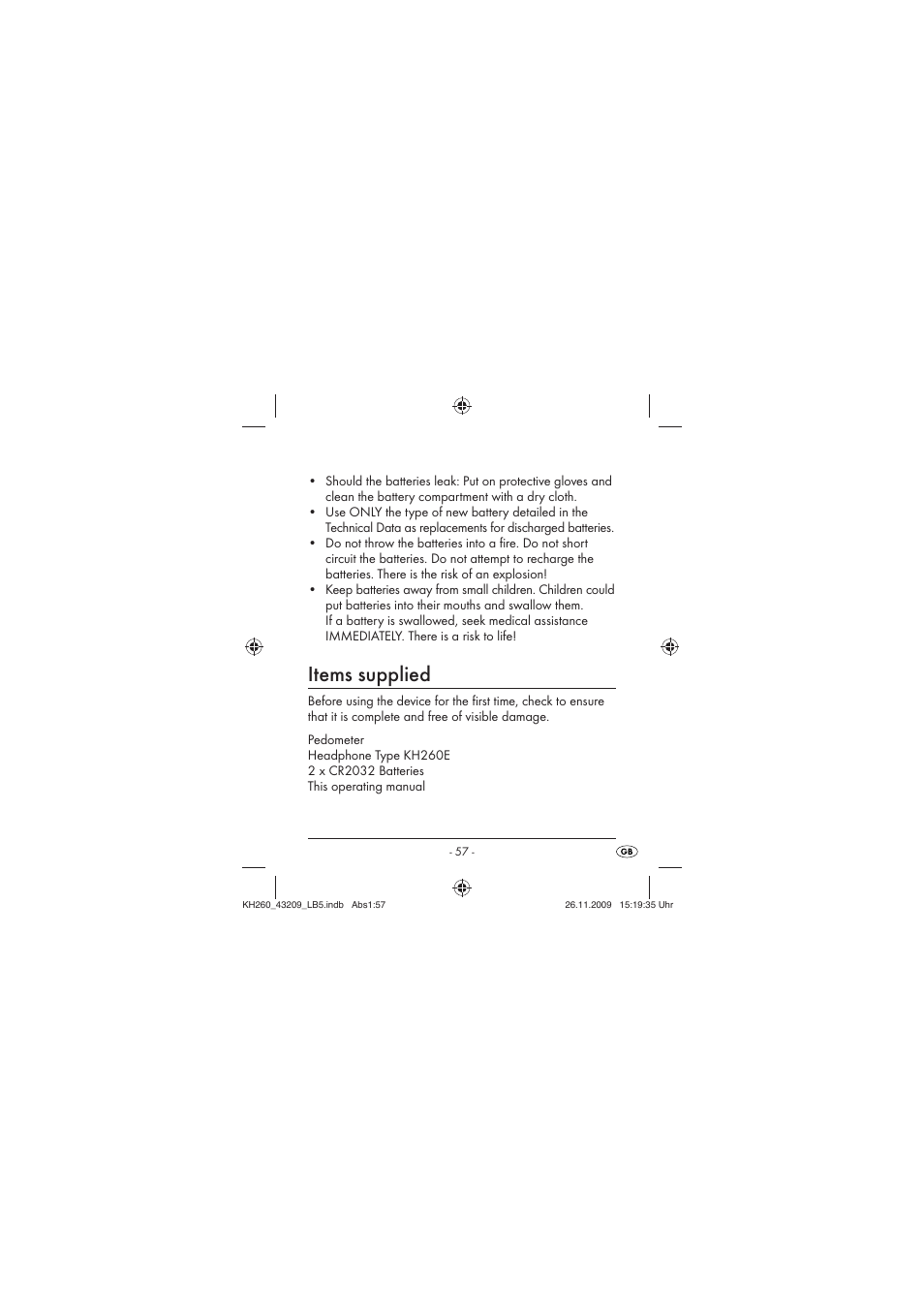 Items supplied | Crivit KH260-10/09-V2 User Manual | Page 59 / 80