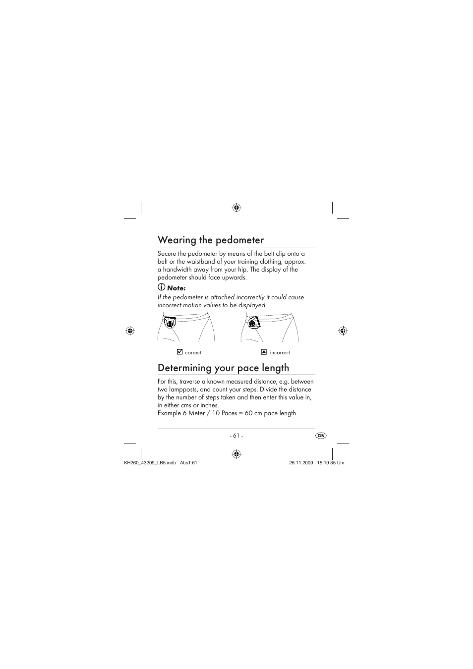 Wearing the pedometer, Determining your pace length | Crivit KH260-10/09-V2 User Manual | Page 63 / 80