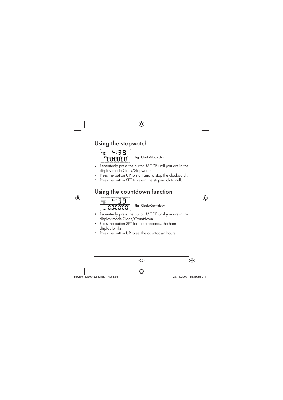 Using the stopwatch, Using the countdown function | Crivit KH260-10/09-V2 User Manual | Page 67 / 80