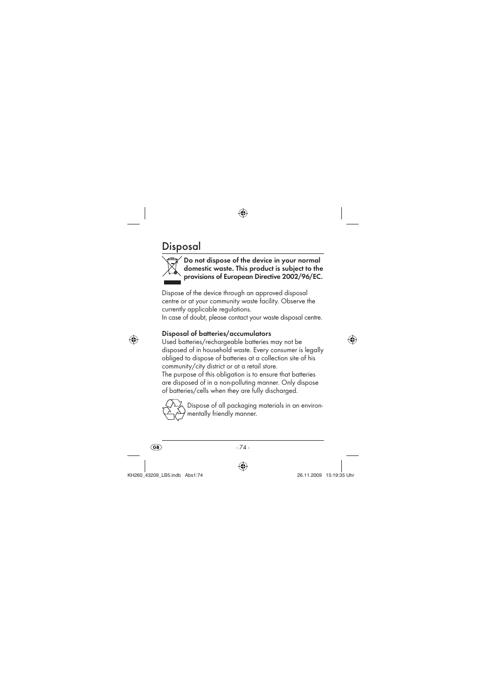 Disposal | Crivit KH260-10/09-V2 User Manual | Page 76 / 80