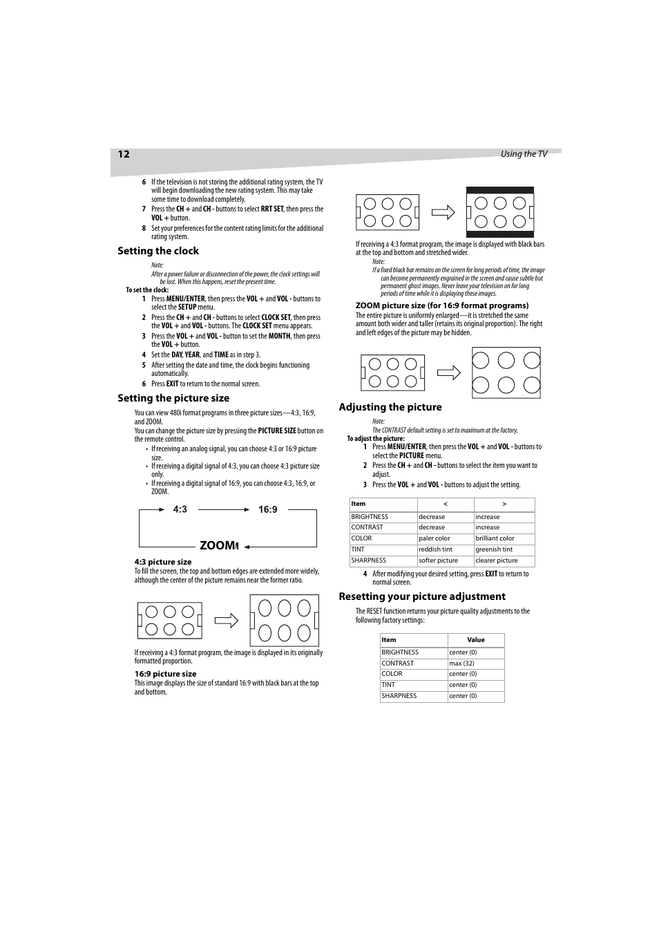 Zoom, Setting the clock, Setting the picture size | Adjusting the picture, Resetting your picture adjustment | Dynex DX-R32TV User Manual | Page 12 / 56