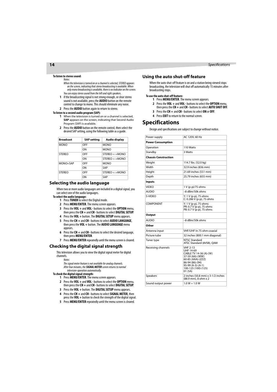 Specifications, Selecting the audio language, Checking the digital signal strength | Using the auto shut-off feature | Dynex DX-R32TV User Manual | Page 14 / 56