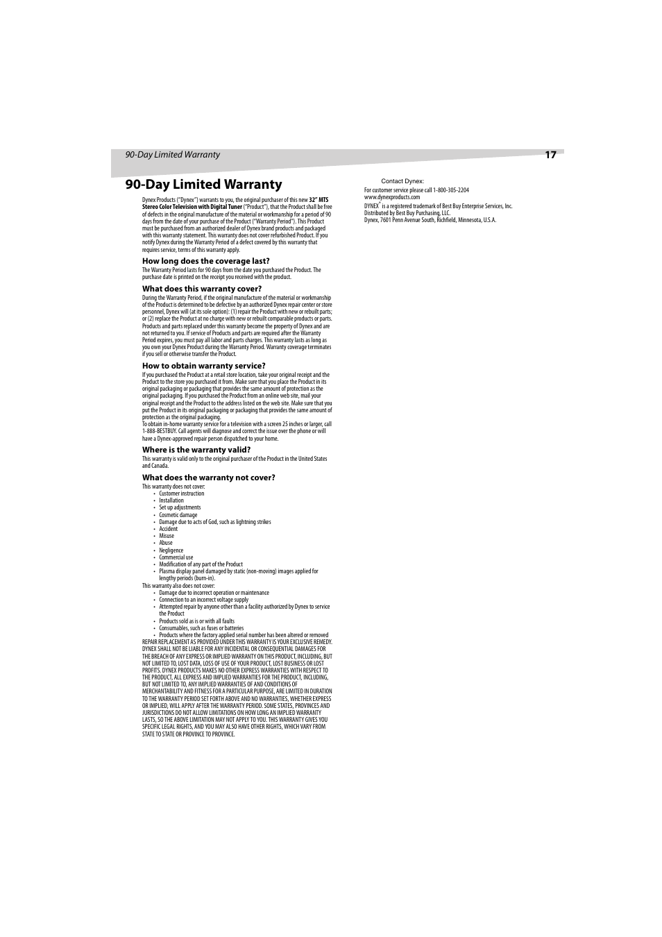 Day limited warranty | Dynex DX-R32TV User Manual | Page 17 / 56