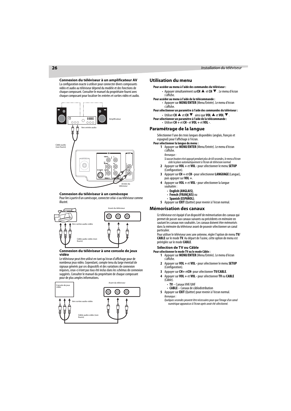 Utilisation du menu, Paramétrage de la langue, Mémorisation des canaux | Dynex DX-R32TV User Manual | Page 26 / 56