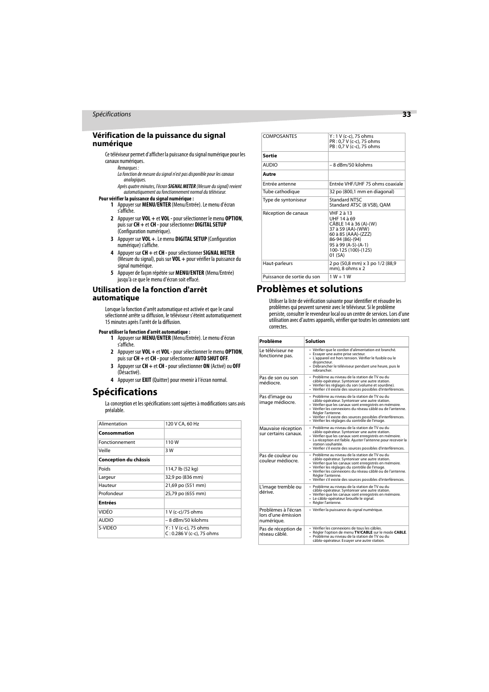 Spécifications, Problèmes et solutions, Utilisation de la fonction d'arrêt automatique | Dynex DX-R32TV User Manual | Page 33 / 56