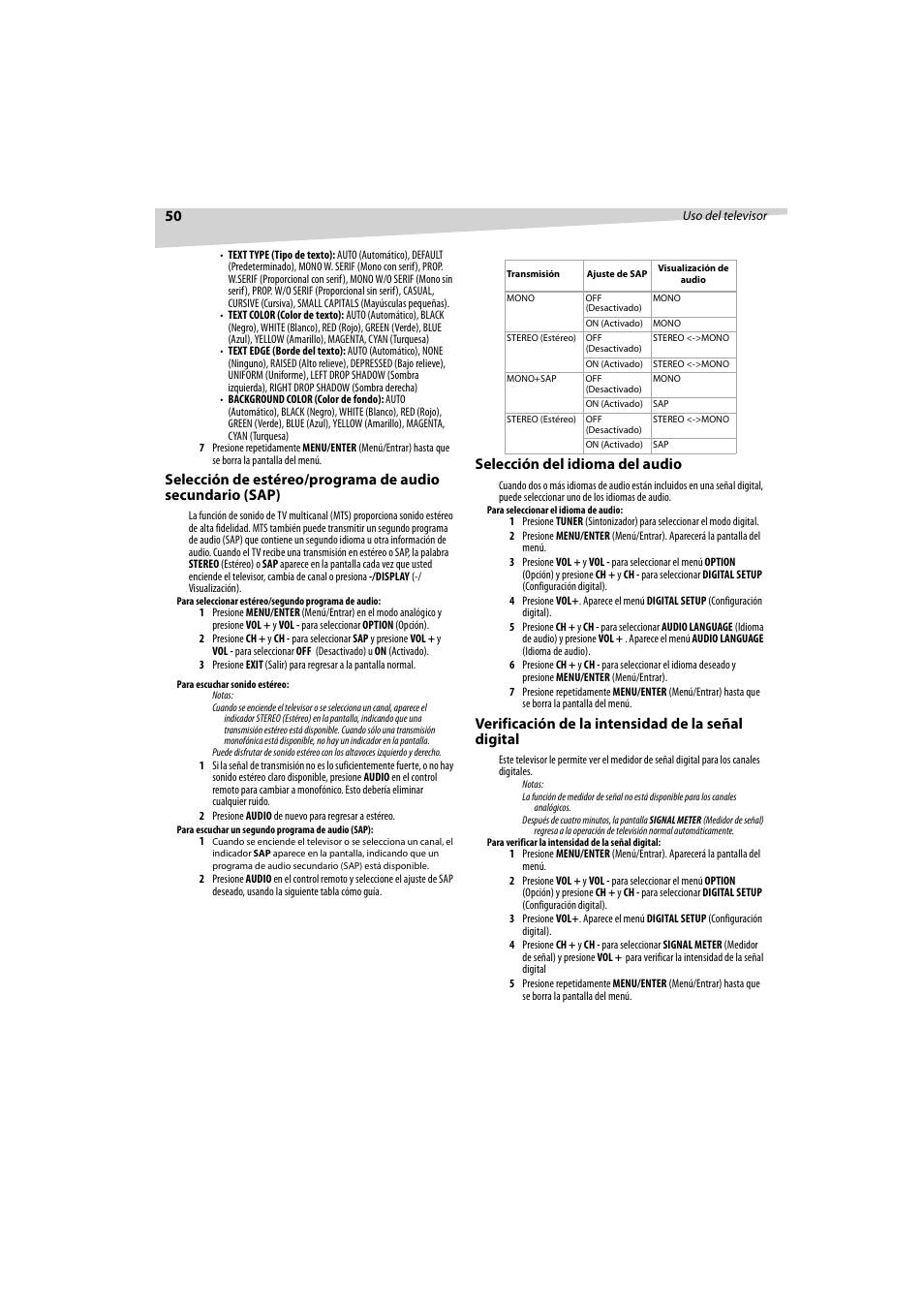 Selección del idioma del audio, Verificación de la intensidad de la señal digital | Dynex DX-R32TV User Manual | Page 50 / 56