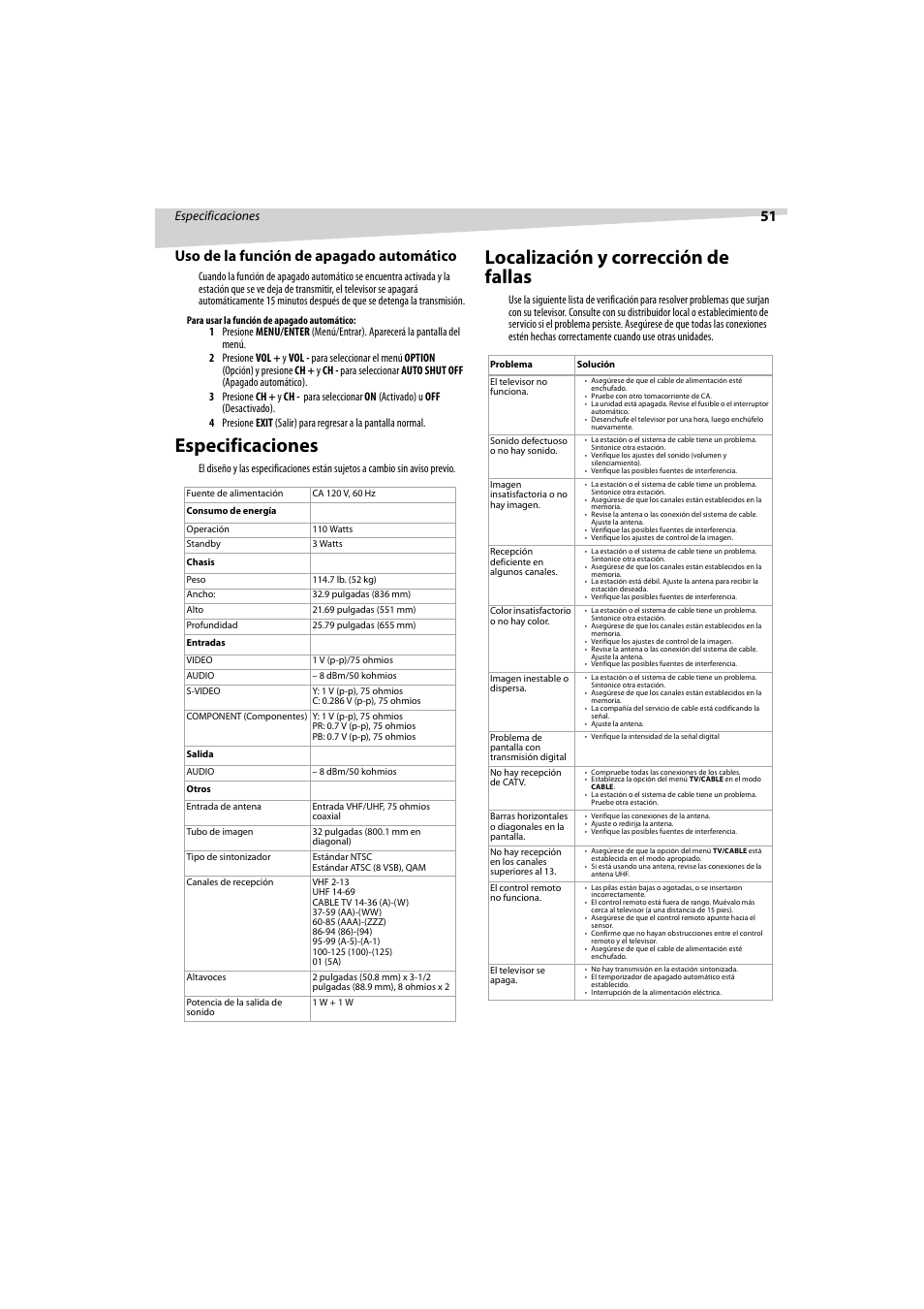 Localización y corrección de fallas, 51 uso de la función de apagado automático, Especificaciones | Dynex DX-R32TV User Manual | Page 51 / 56