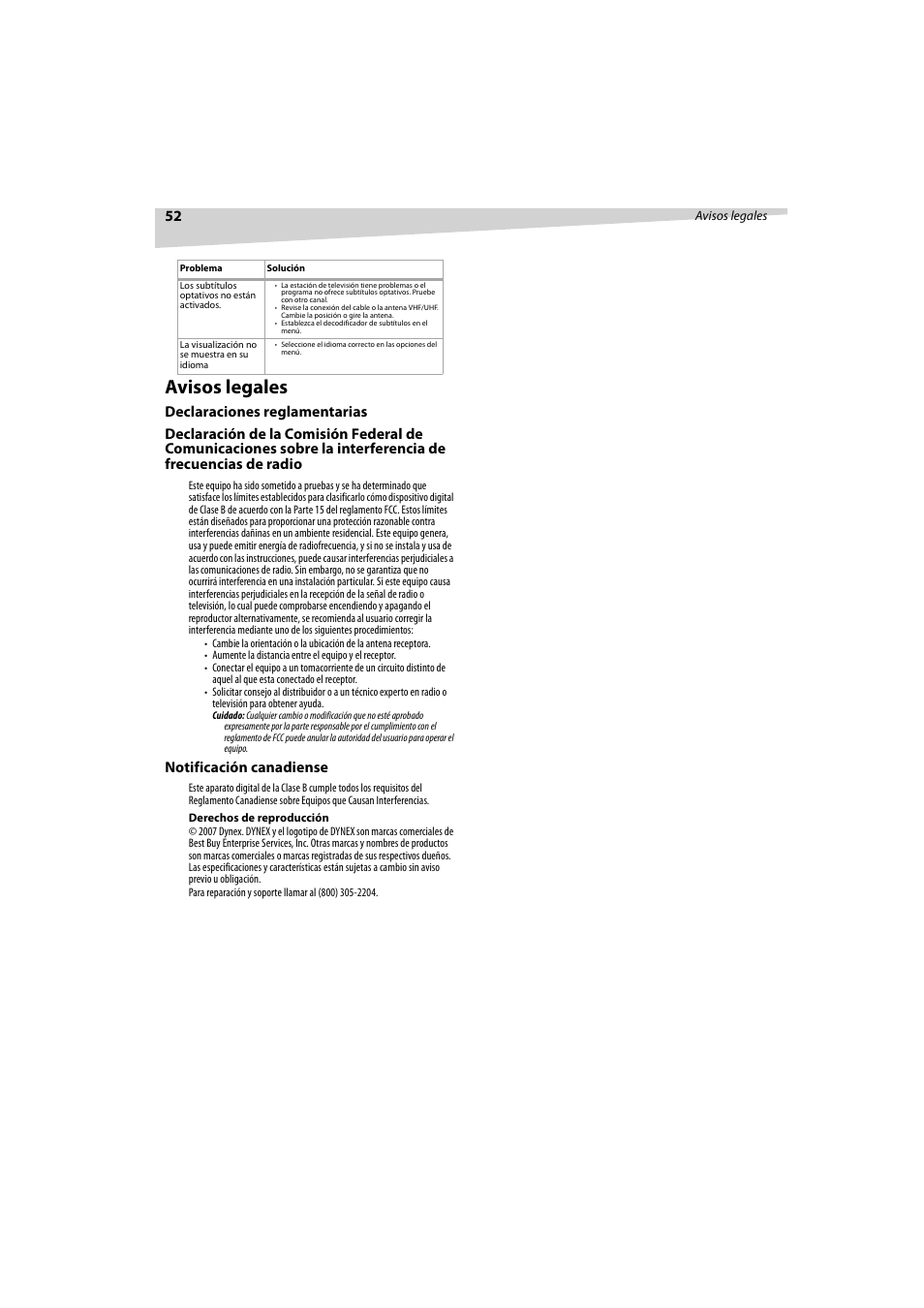 Avisos legales, Notificación canadiense | Dynex DX-R32TV User Manual | Page 52 / 56