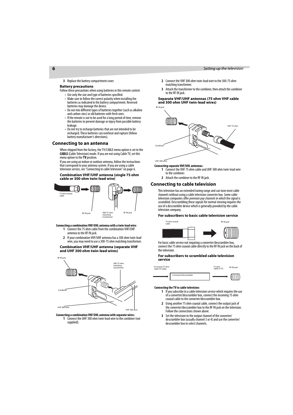 Connecting to an antenna, Connecting to cable television | Dynex DX-R32TV User Manual | Page 6 / 56