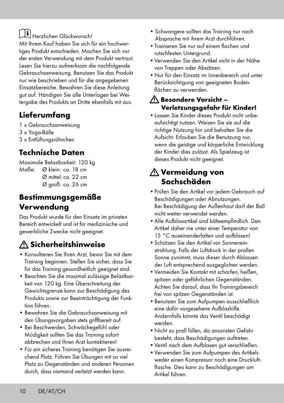 Vermeidung von sachschäden, Lieferumfang, Technische daten | Bestimmungsgemäße verwendung, Sicherheitshinweise | Crivit Yoga Block User Manual | Page 10 / 16