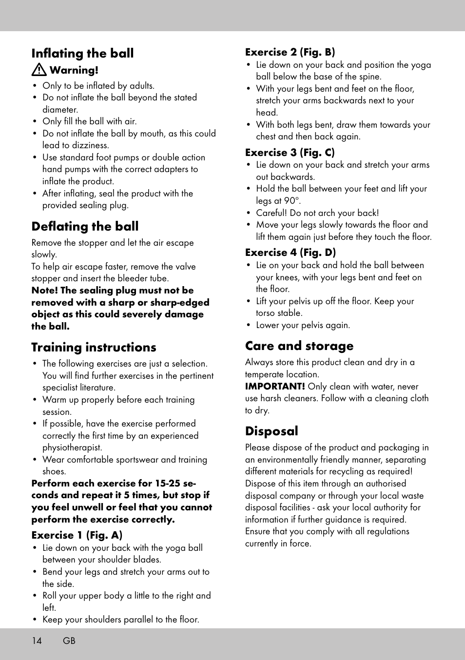 Care and storage, Disposal, Inflating the ball | Deflating the ball, Training instructions | Crivit Yoga Block User Manual | Page 14 / 16