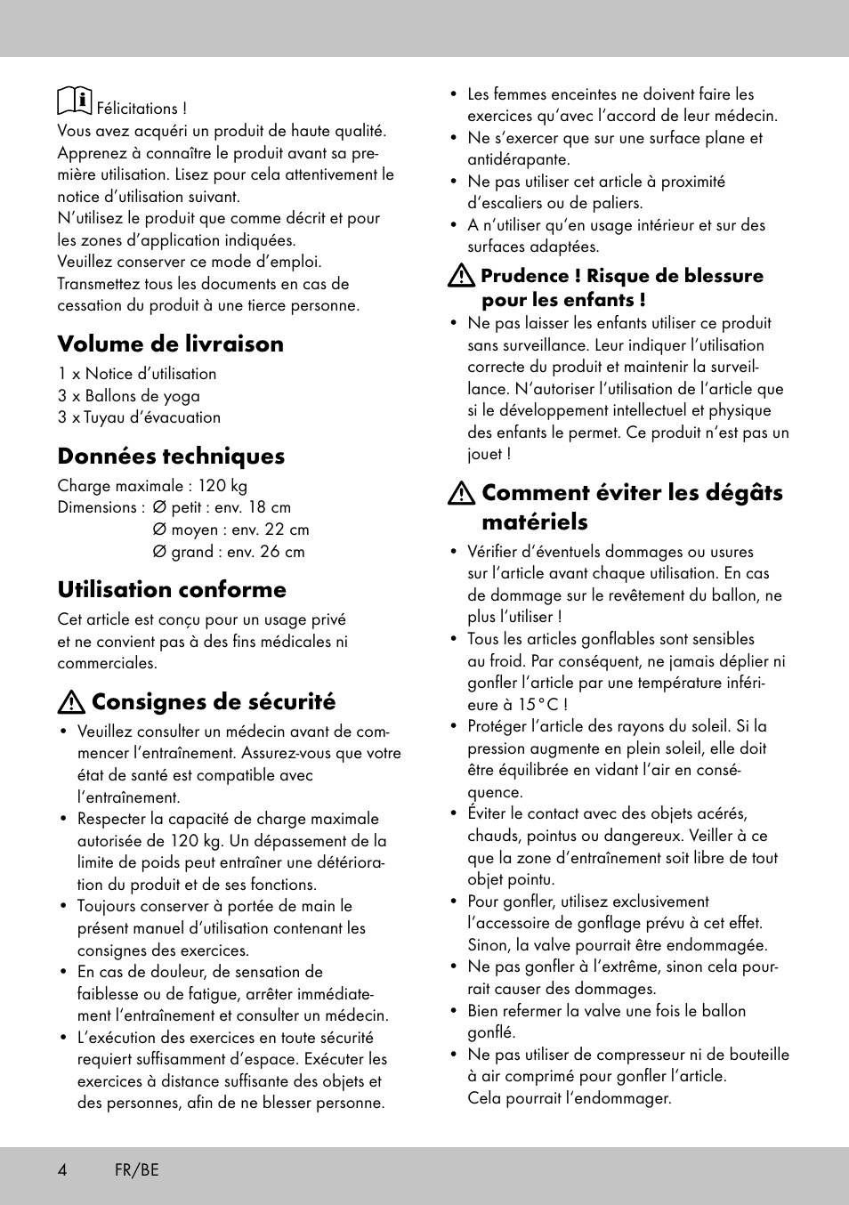 Volume de livraison, Données techniques, Utilisation conforme | Consignes de sécurité, Comment éviter les dégâts matériels | Crivit Yoga Block User Manual | Page 4 / 16